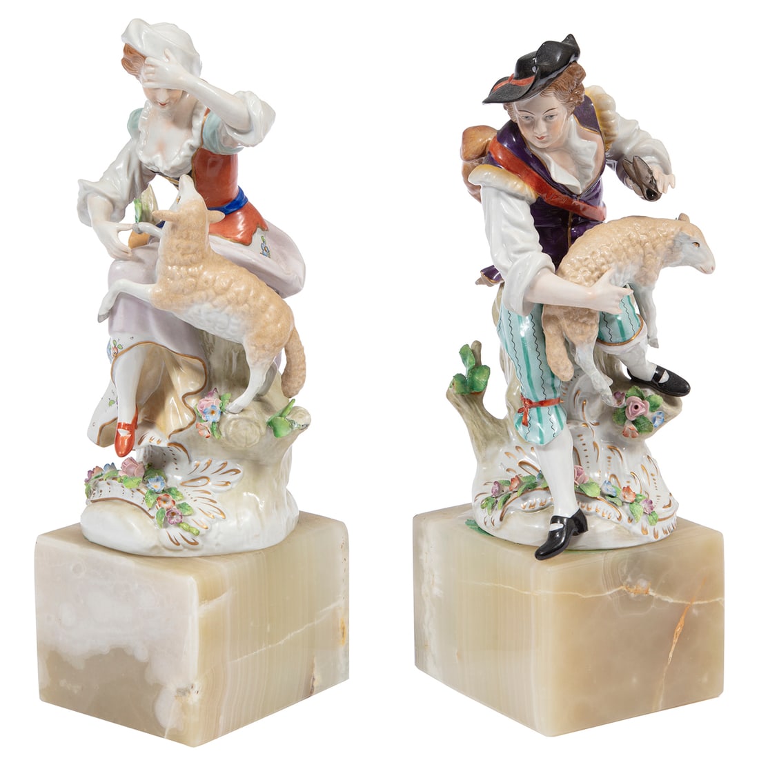 Pair of Meissen-Style Porcelain Figurines: Pair of Meissen-Style Porcelain Figurines, 18th/19th c., modeled as shepherd and shepherdess, h. 9 in.; marble bases, h. 12 in.
