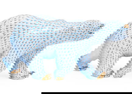 Herend Blue Fishnet Porcelain Polar Bear Figure: Large Herend Blue Fishnet Porcelain Polar Bear Figure, marked, gilt accents, h. 8 in., w. 16 in., d. 4 in.