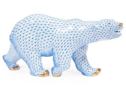 Herend Blue Fishnet Porcelain Polar Bear Figure: Large Herend Blue Fishnet Porcelain Polar Bear Figure, marked, gilt accents, h. 8 in., w. 16 in., d. 4 in.