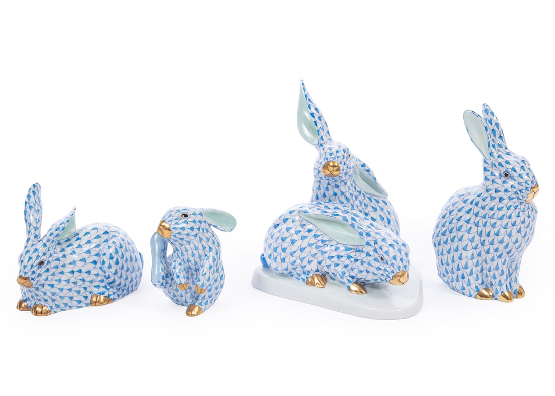 Herend Blue Fishnet Porcelain Rabbit Figures (1 of 2)