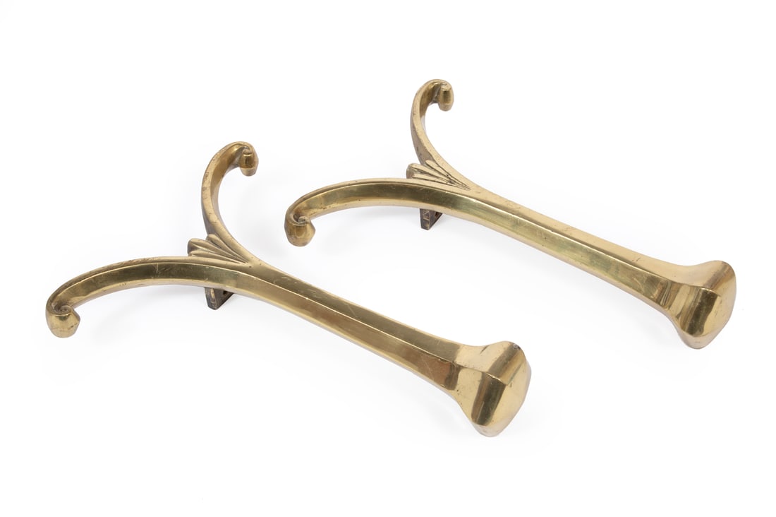 Pair of Art Deco Brass Andirons: Pair of Art Deco Brass Andirons, h. 17 in., w. 12 in., Note: lacking rear support
