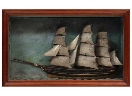 Antique American Ship Diorama: Antique American Ship Diorama, carved and painted wood, shadowbox frame, h. 14 1/2 in., w. 24 in., d. 4 1/2 in.