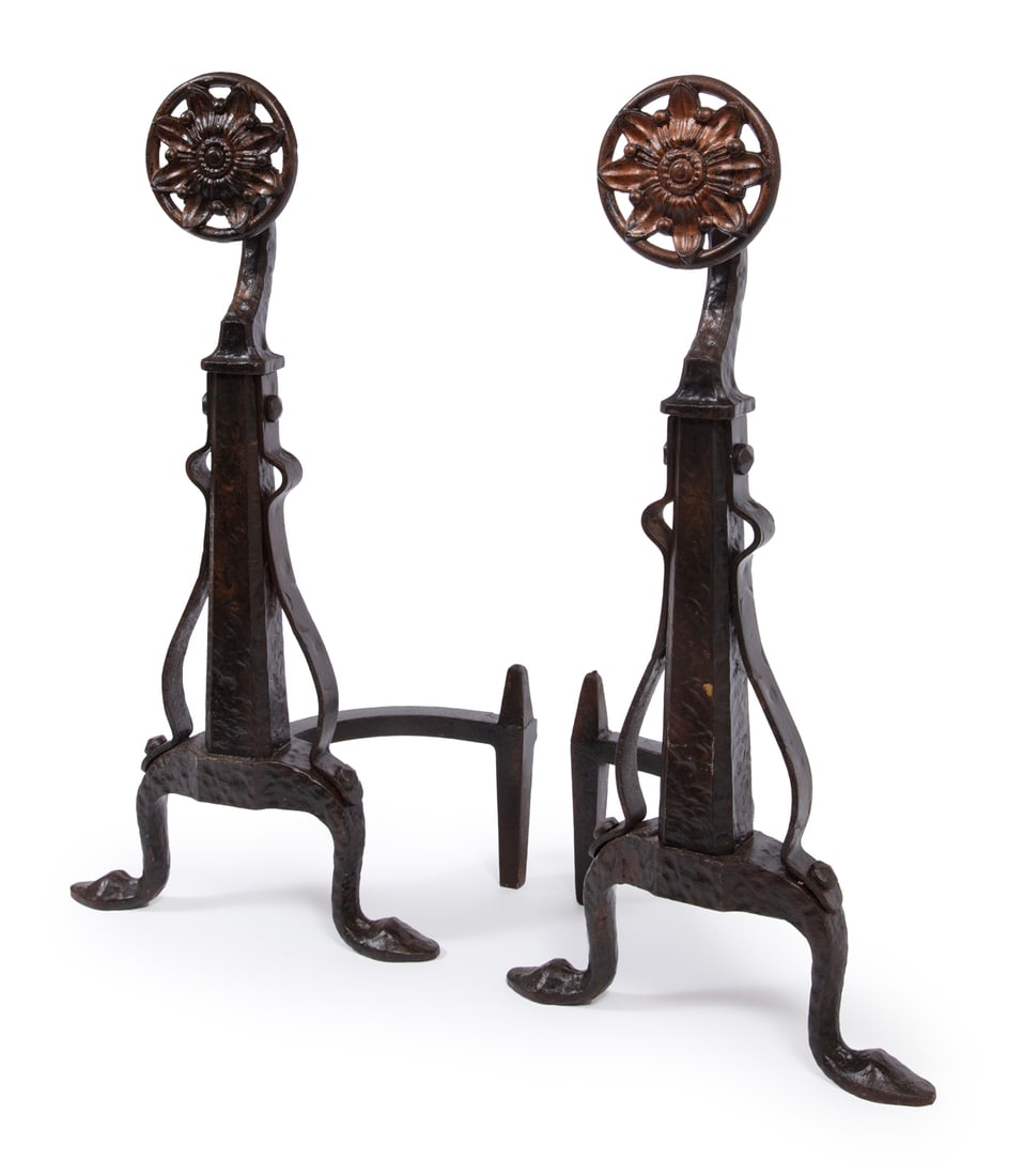 Pair of Aesthetic-Style Patinated Iron Andirons: Pair of Aesthetic-Style Patinated Iron Andirons, floral finial, h. 25 3/4 in., w. 13 in., d. 8 1/2 in.