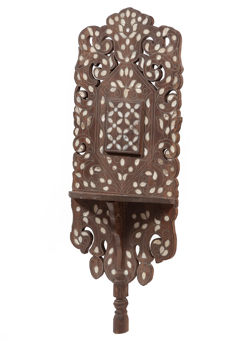 Moorish Mother-of-Pearl Inlaid Wall Bracket: Moorish Mother-of-Pearl Inlaid Hardwood Wall Bracket, h. 30 in., w. 11 1/2 in., d. 7 1/2 in.