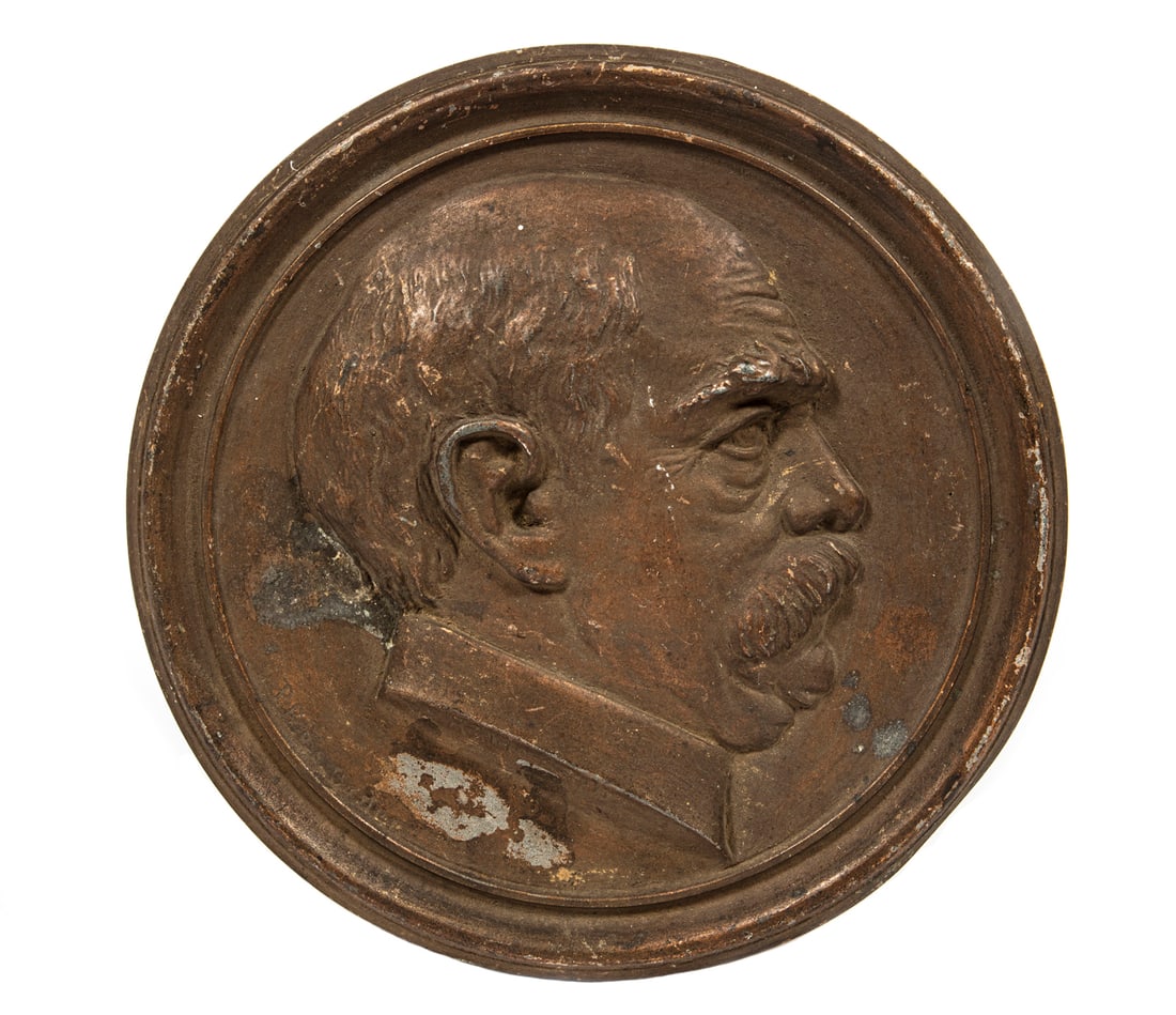 Bronzed Portrait Plaque of Otto von Bismarck: Bronzed Portrait Plaque of Otto von Bismarck (1815-1898), signed "Rachle", dia. 10 1/4 in. Provenance: Property deaccessioned from the Louisiana State Museum, proceeds to be used for new acquisitions 