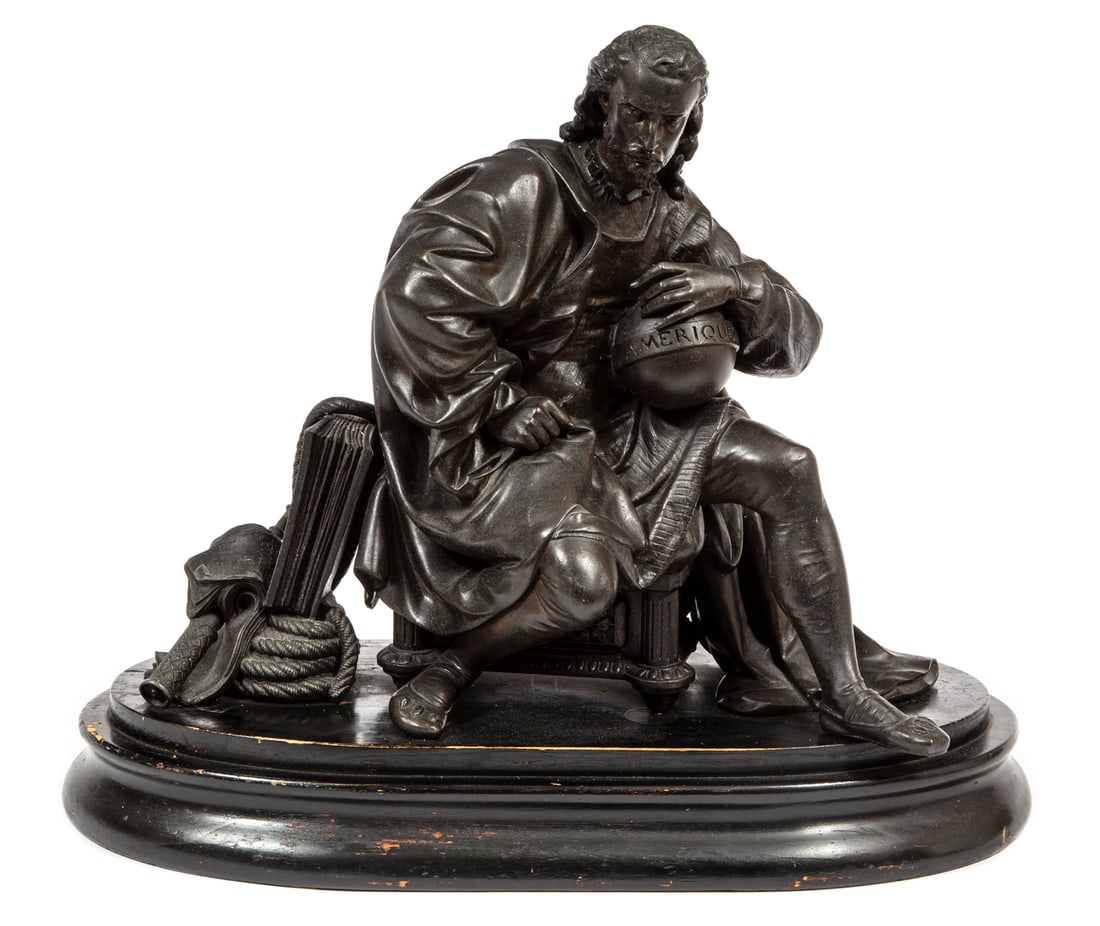 Patinated Metal Figure of Christopher Columbus: Patinated Metal Figure of Christopher Columbus, figure holding a globe and protractor, next to him a telescope and page inscribed "DECOVERTE de L'AMERIQUE, 1492", wood base, h. 16 3/4 in., w. 19 1/2 i