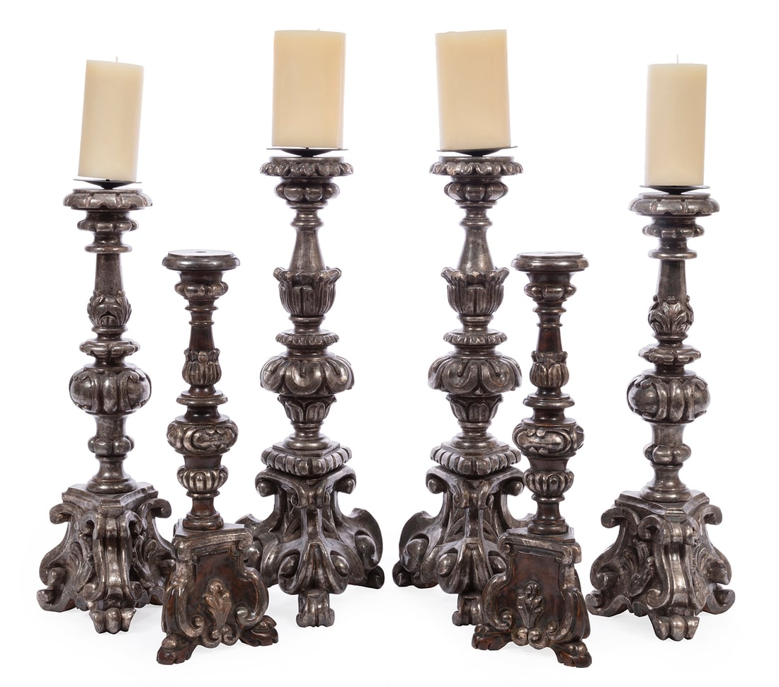 Continental Silvered Wood Pricket Candlesticks: Collection of Continental Silvered Wood Pricket Candlesticks, tripartite form, tallest h. 25 in. (6 pcs.)