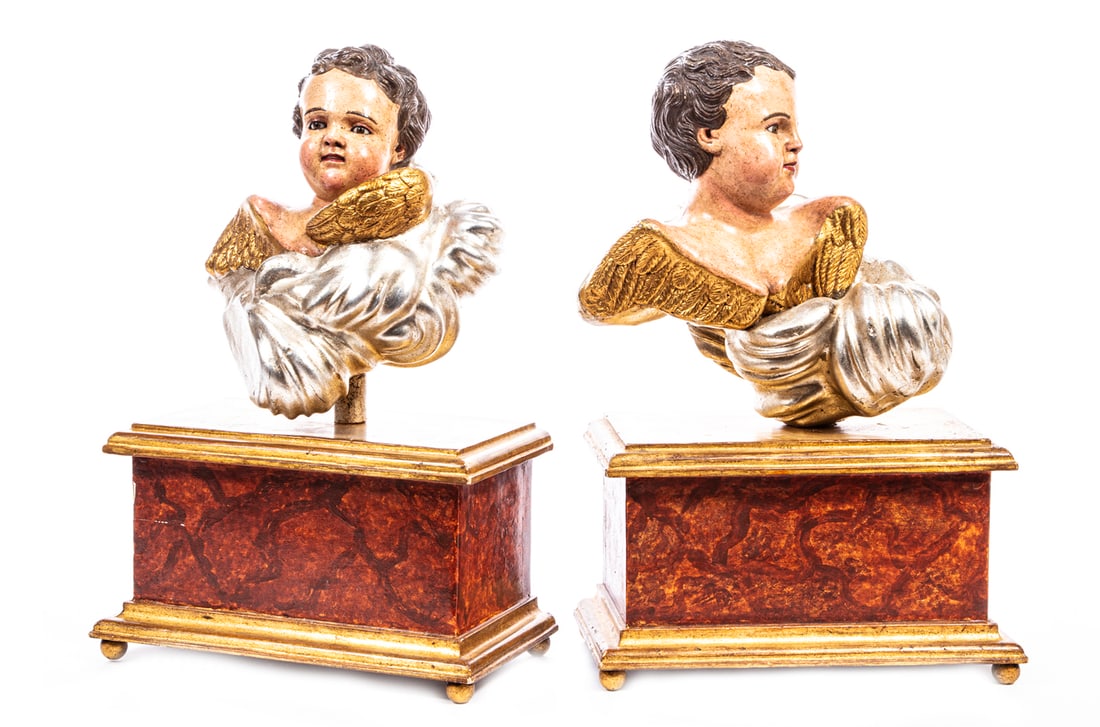 Pair of Continental Cherubs on Faux Marbre Stands (1 of 3)