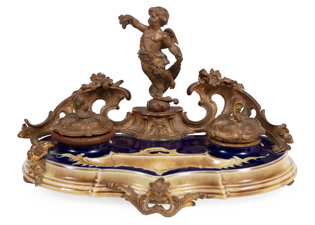 Continental Bronze-Mounted Majolica Inkwell (1 of 3)