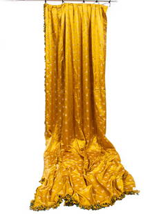 Group of Five Satin Brocade Drapery Panels: Group of Five Satin Brocade Drapery Panels, gold with pale gold rosettes, and gold and green tassels, each top w. 36 in., each l. 129 in
