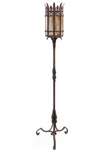 American Tole and Polychrome Floor Lamp: American Tole and Polychrome Floor Lamp in the Gothic Taste, early 20th c., slag glass panels, h. 72 1/2 in. Provenance: Washington Youree Hotel, Shreveport, LA.