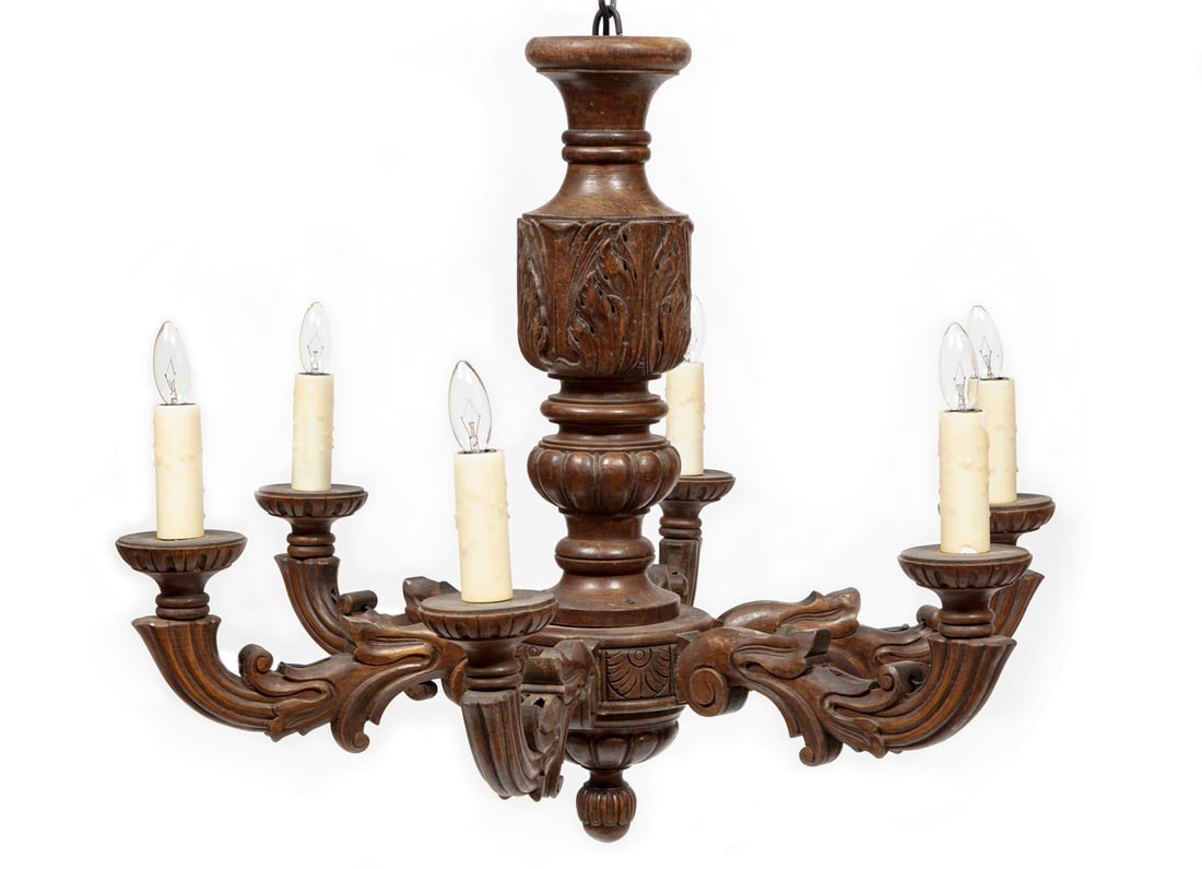 Continental Six-Light Chandelier: Continental Six-Light Chandelier, acanthus-carved standard, foliate arms, h. 26 in., dia. 31 in.