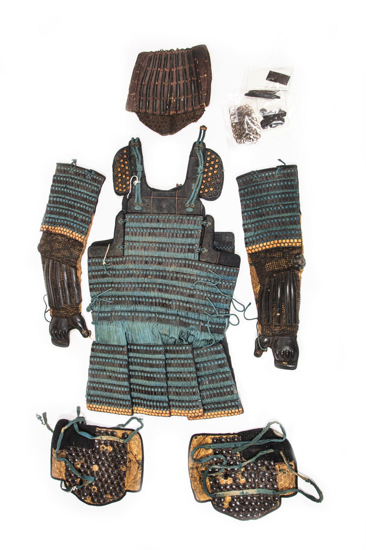 Japanese Samurai Armor: Japanese Samurai Armor, c. 1820, incl. two shoulder protectors, two arm protectors, and a torso protector, body l. 37 1/2 in., w. 22 in; arm/hand l. 26 in. Provenance: Property deaccessioned from the