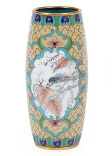 Chinese Cloisonne Enamel Ovoid Vase: Chinese Cloisonne Enamel Ovoid Vase, decorated with two shaped panels enclosing a Beauty holding a basket of flowers and an insect on a leafy branch, each scene inscribed, on a yellow and gold wire ho