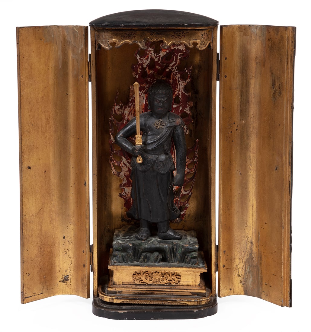 Japanese Lacquer Traveling Shrine: Antique Japanese Lacquer Traveling Shrine or Zushi with Figure of Fudo Myo-O, deity standing on rockwork before flaming mandorla holding a kurikara sword (to fight devils) and a rope (to catch demons)