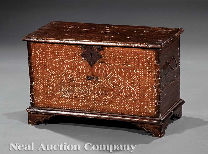Spanish Inlaid Hardwood Cassone: A Small Antique Spanish Inlaid Hardwood Cassone of Moorish Influence, early 19th c., hinged lid, open interior, dovetailed case, face and lid with geometric mother-of-pearl inlay, molded base, shaped 