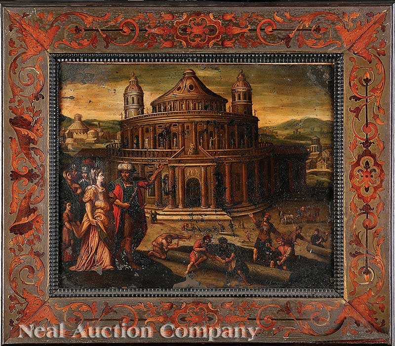 Two Continental School Picture Frames: Two Continental School Picture Frames, one brass over tortoiseshell with porcelain plaque of a baby, 16 3/4 in. x 14 in.; the other with brass over marquetry with a classical oil on tin, overall 15 in