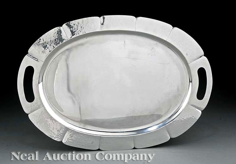Porter Blanchard Arts and Crafts Silver Tray: An American Arts and Crafts Silver Tray, Porter Blanchard (1886-1973), wc. Gardner, MA, 1909-1923, California from c. 1923, marked "401/ HAND MADE/ (trademark)/ PORTER BLANCHARD", oval cut out handles