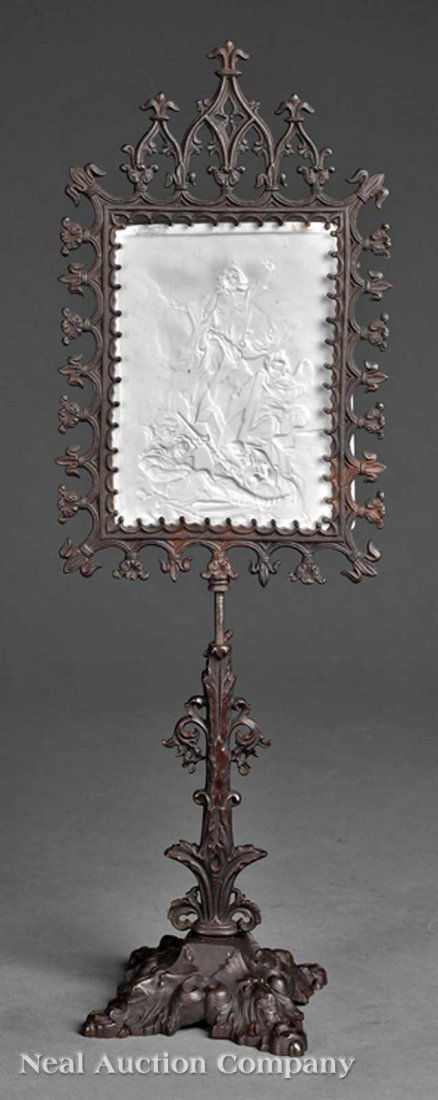 Gothic Cast Iron Lithophane Stand, KPM: A Continental Gothic Cast Iron Lithophane Stand, mid-19th c., the lithophane marked "KPM", depicting the resurrection of Christ after the original oil by Noel Coypel (French, 1628-1707); adjustable st
