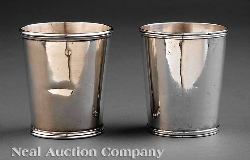 Two Duhme & Co. Coin Silver Julep Cups: Two American Coin Silver Julep Cups, Duhme & Co., Cincinnati, wc. 1842-1896, each with molded foot rim, seamed construction, height 3 1/2 in. and 3 7/16 in., weight 7.75 troy ozs