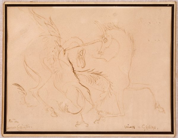 Leonora Carrington (Mexican, 1917-2011): Leonora Carrington (Mexican, 1917-2011), "Unicorn and Griffin", ink on paper, signed and dedicated "For Tac" lower left, titled lower right, Galeria Arvil, Mexico City, label en verso, sight 8 1/4 in.