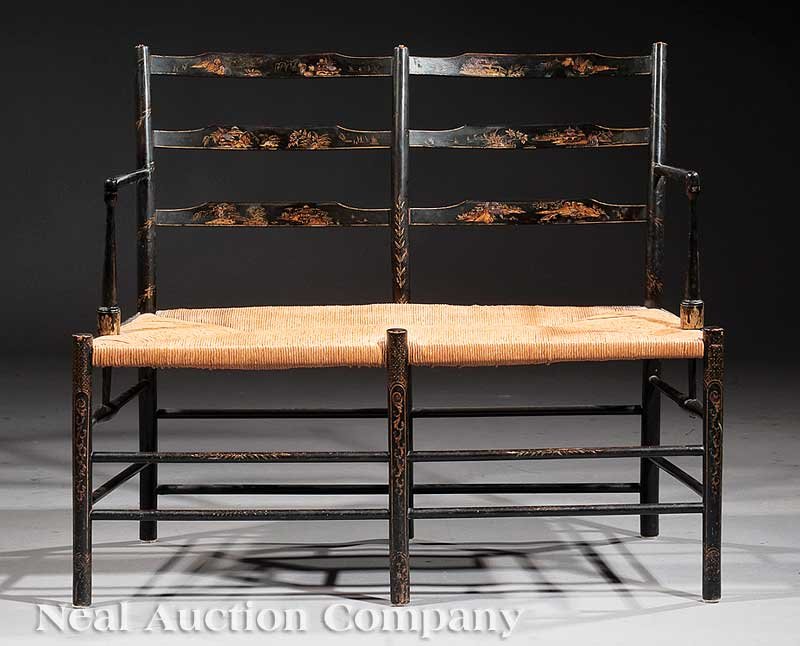 Diminutive English Chinoiserie Chairback Settee: A Diminutive English Chinoiserie Chairback Settee, early 19th c., turned uprights, slat back, rush seat, turned legs, stretchers, height 32 in., width 35 1/2 in., depth 16 1/4 in