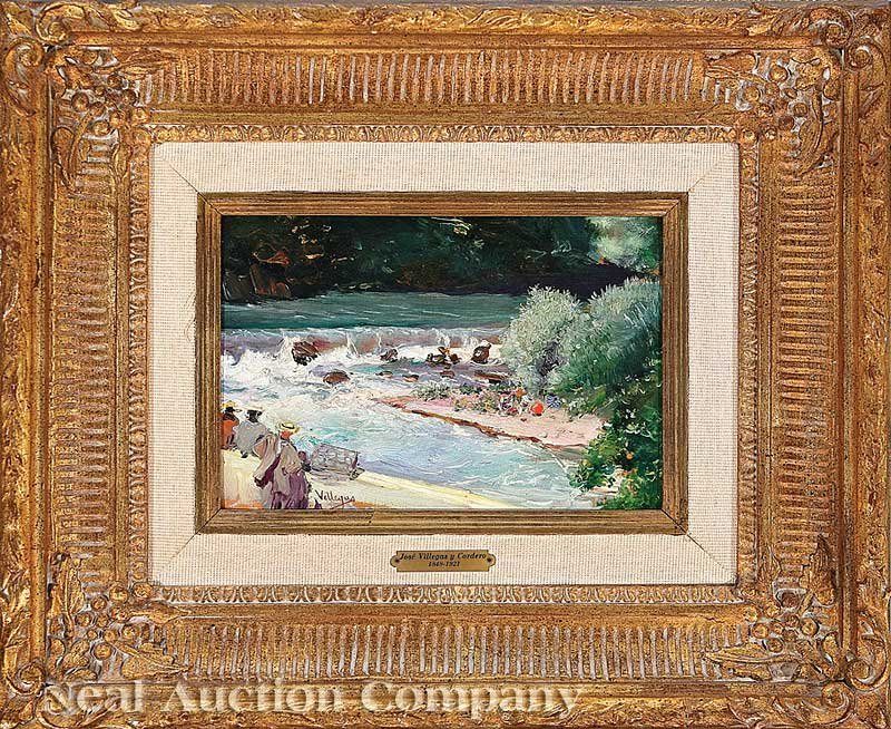 Jose Villegas y Cordero (Spanish, 1848-1921): Jose Villegas y Cordero (Spanish, 1848-1921), "River Flowing over a Weir below a Bridge", oil on wood panel, signed lower left, artist information en verso, 6 1/2 in. x 9 1/2 in., framed