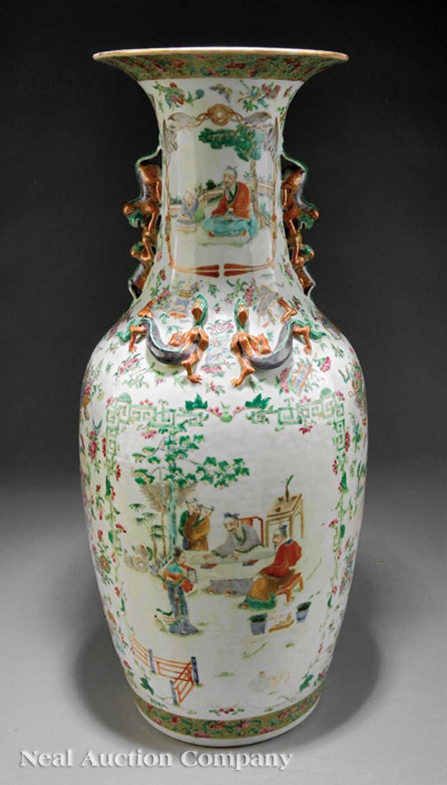 Chinese Export Famille Rose Porcelain Vase: A Chinese Export Famille Rose Porcelain Vase, 19th c., ovoid body with large reserves of figures in garden landscapes, the shoulders and tall waisted neck with pairs of qilong dragons and Buddhist lio