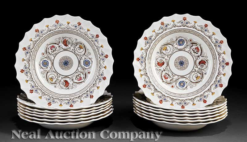 14 Copeland Spode Polychrome Porcelain Bowls: A Set of Fourteen Copeland Spode Polychrome Porcelain Bowls, fully marked, in the "Florence" pattern, scalloped rims, diameter 9 in