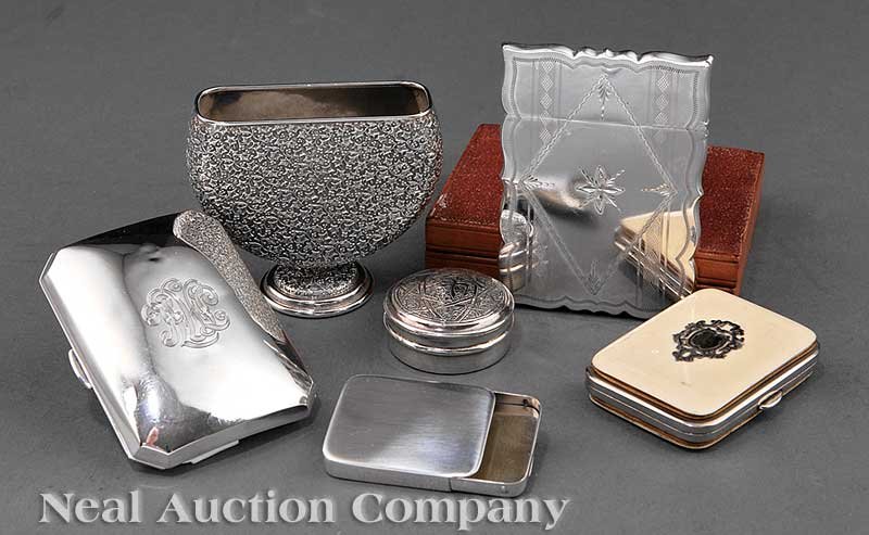Group of American Sterling Silver Objects: A Group of Small American Sterling Silver Objects, including a Whiting card case with original leather box, c. 1890; a silver and ivory box purse with expandable sides, c. 1890; a Blackinton two-compa