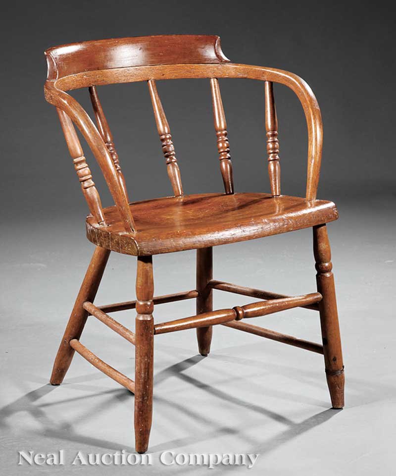 American Oak Low-Back Windsor Chair: An Antique American Oak Low-Back Windsor Chair, spindled uprights, plank seat, turned legs, stretchers Provenance: Barrow/Brandon/Bedgood House at Greendwood Plantation, Pinckneyville, MS; by family r