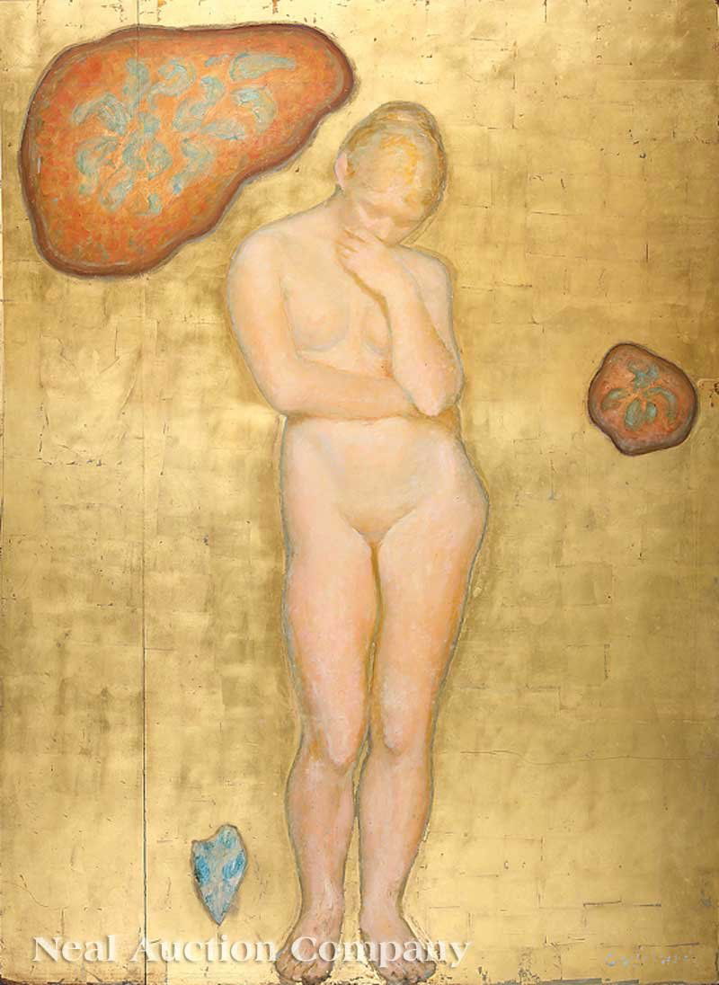 Charles Whitfield Richards (American/New Orleans): Charles Whitfield Richards (American/New Orleans, 1906-1992), "Pensive Standing Odalisque", oil and gold leaf on masonite, signed lower right, 83 1/2 in. x 60 in., unframed