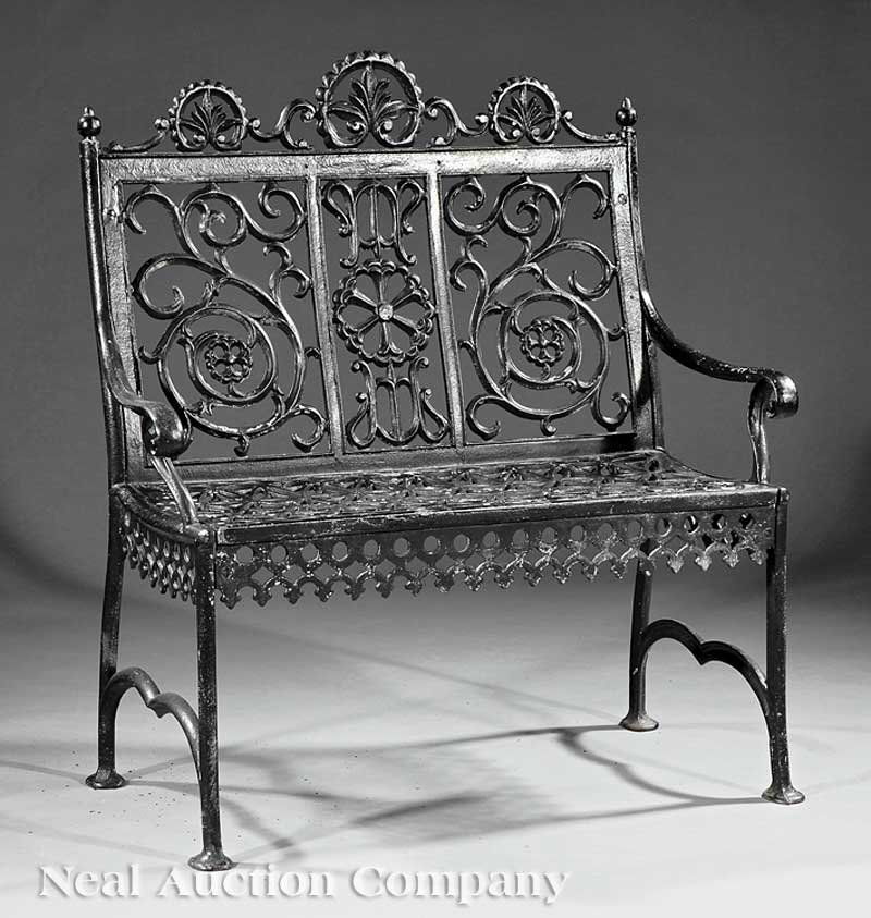 John McLean Cast Metal Garden Settee: An Antique Cast Metal Garden Settee, late 19th c., labeled "John McLean Maker N.Y., Pat. April 22nd 89", pierced crest and back, geometric pierced seat, scroll arms, splayed legs, stretchers, height 3