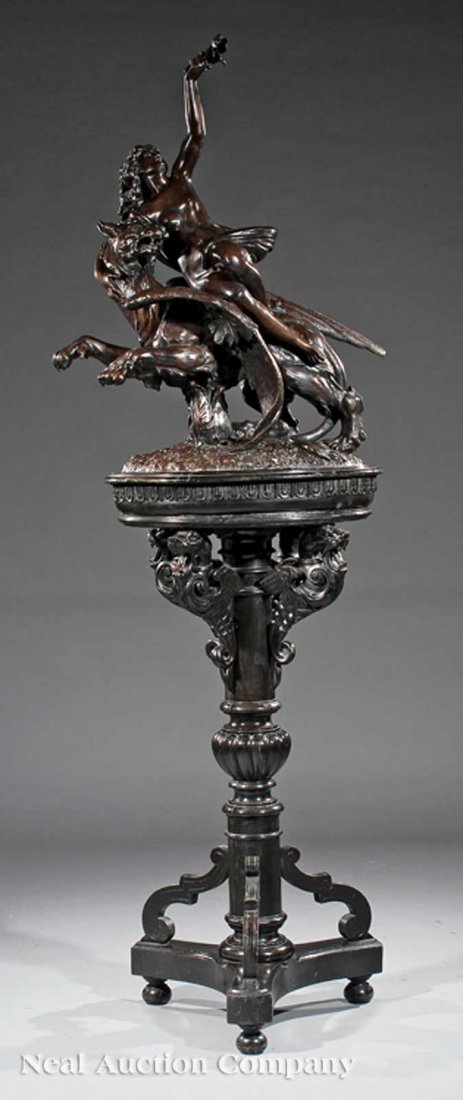 Patinated Bronze Figure of the Goddess Nemesis: A Patinated Bronze Figure of the Goddess Nemesis on a Griffin, together with a Renaissance Revival ebonized wood pedestal with griffin brackets, lobed standard, figure height 38 in., width 22 in., dep
