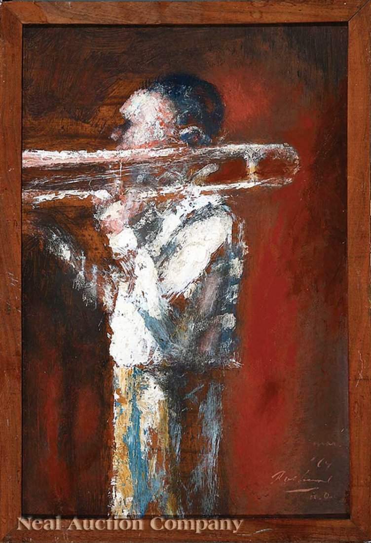 Noel Rockmore (American/New Orleans, 1928-1995): Noel Rockmore (American/New Orleans, 1928-1995), "Jim Robinson (1892-1976), New Orleans Trombonist", 1969, oil on masonite, signed and dated "Mar.'69, N.O." lower right, titled en verso, 18 in. x 12 i