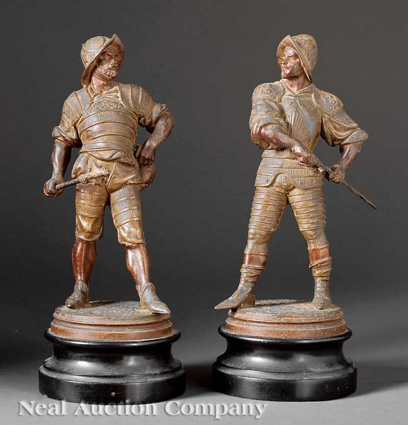 Pair of English Patinated Metal Figures: A Pair of English Patinated Metal Figures, c. 1890, depicting conquistadors holding a sword and a mace, turned wood base, height 14 in., diameter 5 1/4 in