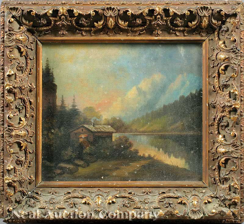 American Northwest School, late 19th c: American Northwest School, late 19th c., "Cabin by the Lake, possibly in the Cascades", oil on canvas, unsigned, Walter S. Bower Art Store, St. Paul, MN label en verso, stretcher frame patented by Aar