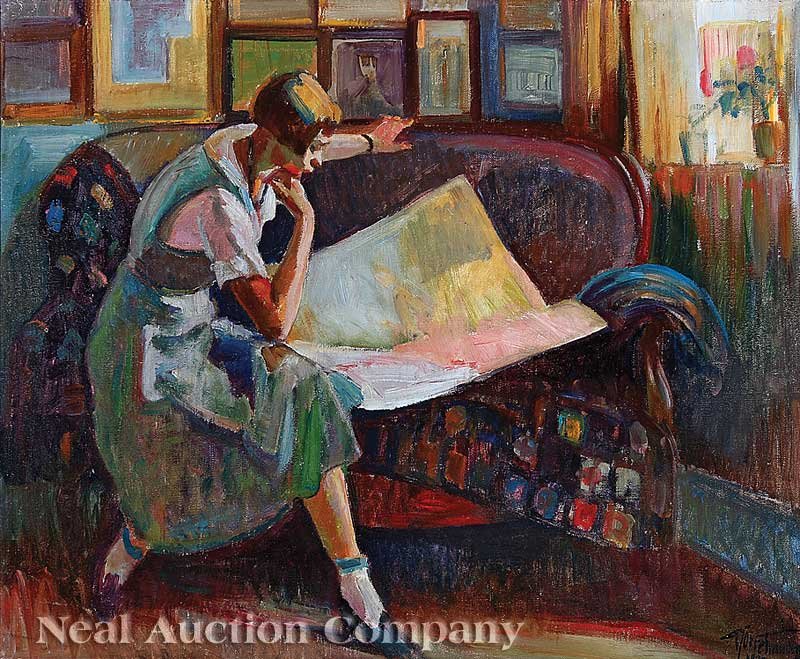 Johannes Norretranders (Danish, 1871-1957): Johannes Norretranders (Danish, 1871-1957), "Lady Reading", 1932, oil on canvas, signed and dated lower right and signed and dated lower right, signed and "Frederick Hansen, Bogbinden Rammeforretning,