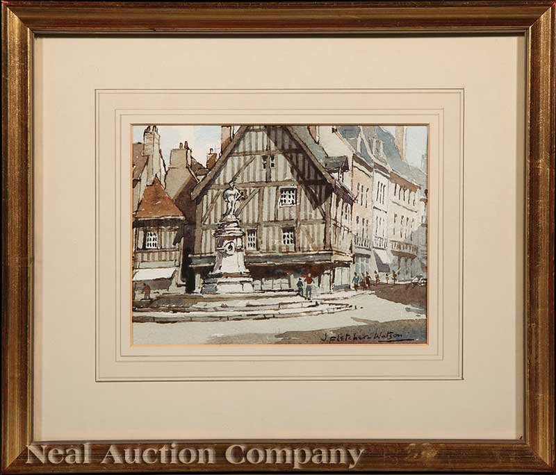 James Fletcher Watson R.I., R.B.A. (British, 1913): James Fletcher Watson R.I., R.B.A. (British, 1913-2004), "Dijon, France", watercolor on paper, signed lower right, 1986 exhibition label en verso, sight 5 1/2 in. x 7 1/2 in., matted and framed