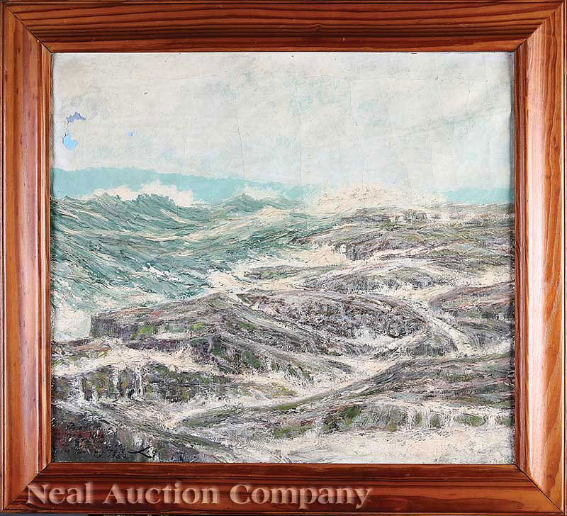 Robert Edmund (Lie) Lee (American, 1899-1980): Robert Edmund (Lie) Lee (American, 1899-1980), "Sailing Ship, Lightning", 1962 and "Ocean with Whitecaps", 1950, two oils, one on artist board, the other on canvas, each signed lower left, 18 in. x 24