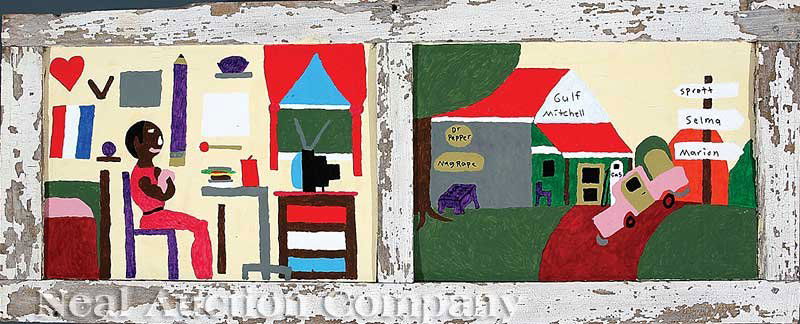 Earnest Williams (American/Alabama, 20th/21st c.): Earnest Williams (American/Alabama, 20th/21st c.), "Watching Television" and "Filling Station", 2012, acrylics on board, signed and dated en verso, 13 1/2 in. x 19 1/2 in., framed as a diptych