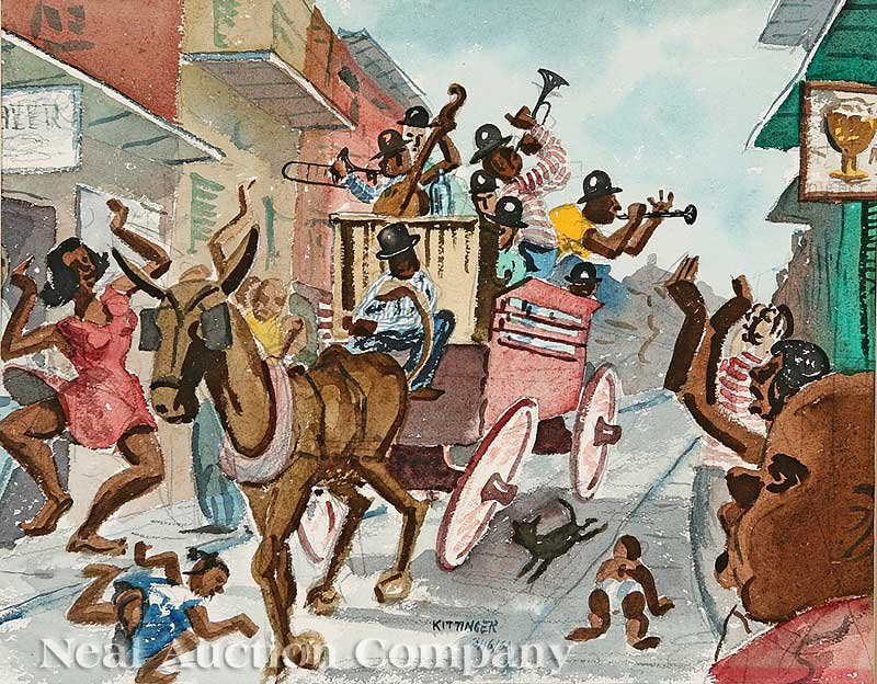 Sydney Kittinger (American/New Orleans, 1921): Sydney Kittinger (American/New Orleans, 1921-1997), "Dancing on Bourbon Street, French Quarter", 1954, watercolor and graphite on paper, signed and dated lower center, sight 10 3/4 in. x 13 3/4in., fr