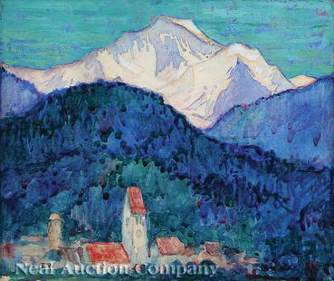 Ellsworth Woodward (American/New Orleans, 1861): Ellsworth Woodward (American/New Orleans, 1861-1939), "The Jungfrau Summit, Bernese Alps, Switzerland", watercolor on paper, monogrammed lower left, titled and with "Art Association of New Orleans" la