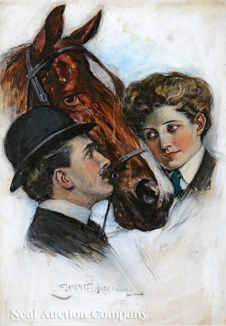 Clarence F. Underwood (American, 1871-1929): Clarence F. Underwood (American, 1871-1929), "Love Me, Love My Horse", 1907, mixed media, signed and dated lower left, Knoke Galleries, Marietta, GA label en verso, sight 27 in. x 19 in., framed