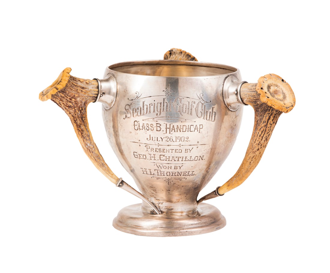 Gorham Sterling Silver and Deer Antler Tyg: Gorham Sterling Silver and Deer Antler Tyg, c. 1900, with engraved presentation "Seabright Golf Club/ CLASS B. HANDICAP/ JULY 26, 1902./ PRESENTED BY/ GEO.H. CHATILLON/ WON BY/ H.L. THORNELL.", h. 6 1