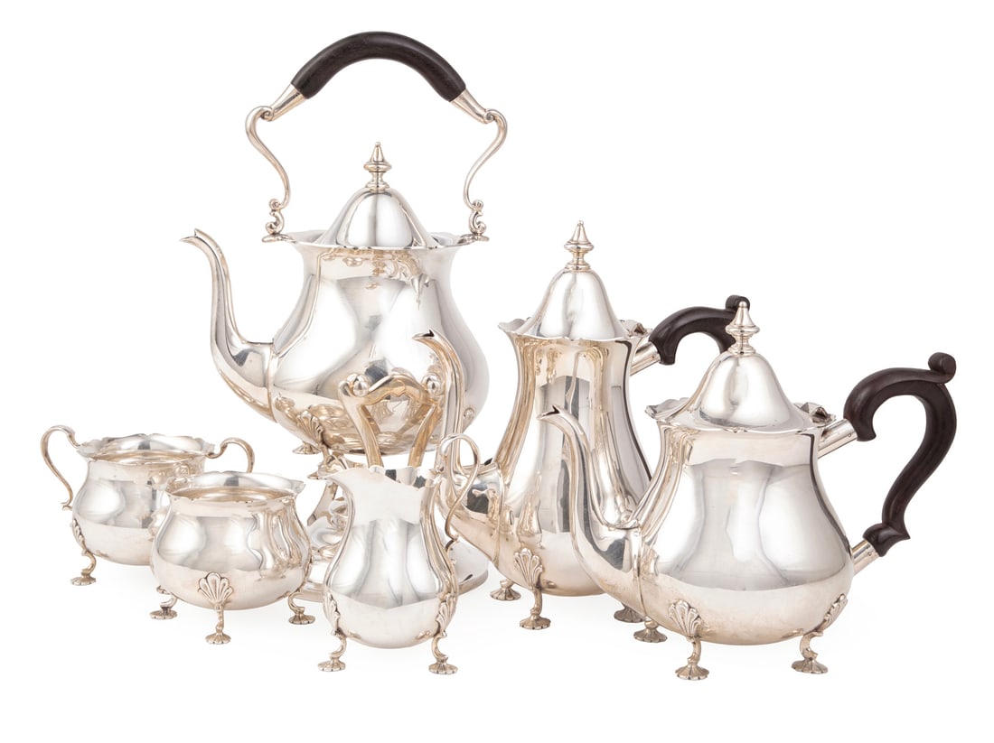 Graff, Washington & Dunn Tea and Coffee Service: Colonial Revival Sterling Silver Tea and Coffee Service, Graff, Washbourne & Dunn, New York, NY, act. 1899-1961; ret. Cartier; incl. kettle-on-stand (h. 14 3/4 in.), teapot, coffee pot, open sugar, cr