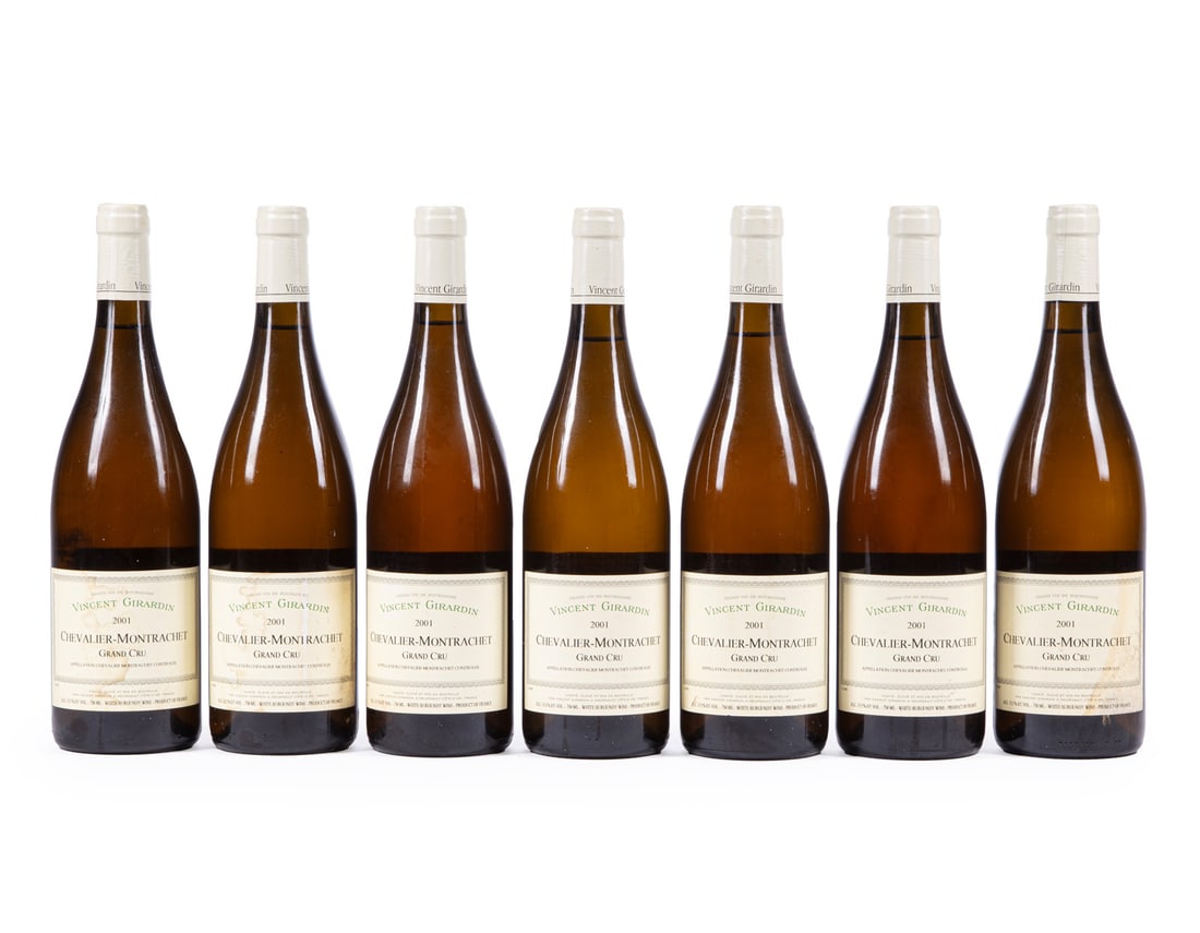Vincent Girardin Chevalier-Montrachet 2001: Domaine Vincent Girardin Chevalier-Montrachet Grand Cru 2001, 7 bottles, 750ml.; 2 with damp stained and tattered labels, 4 with lightly scuffed labels; each with stained, torn, damp stained and dirt 