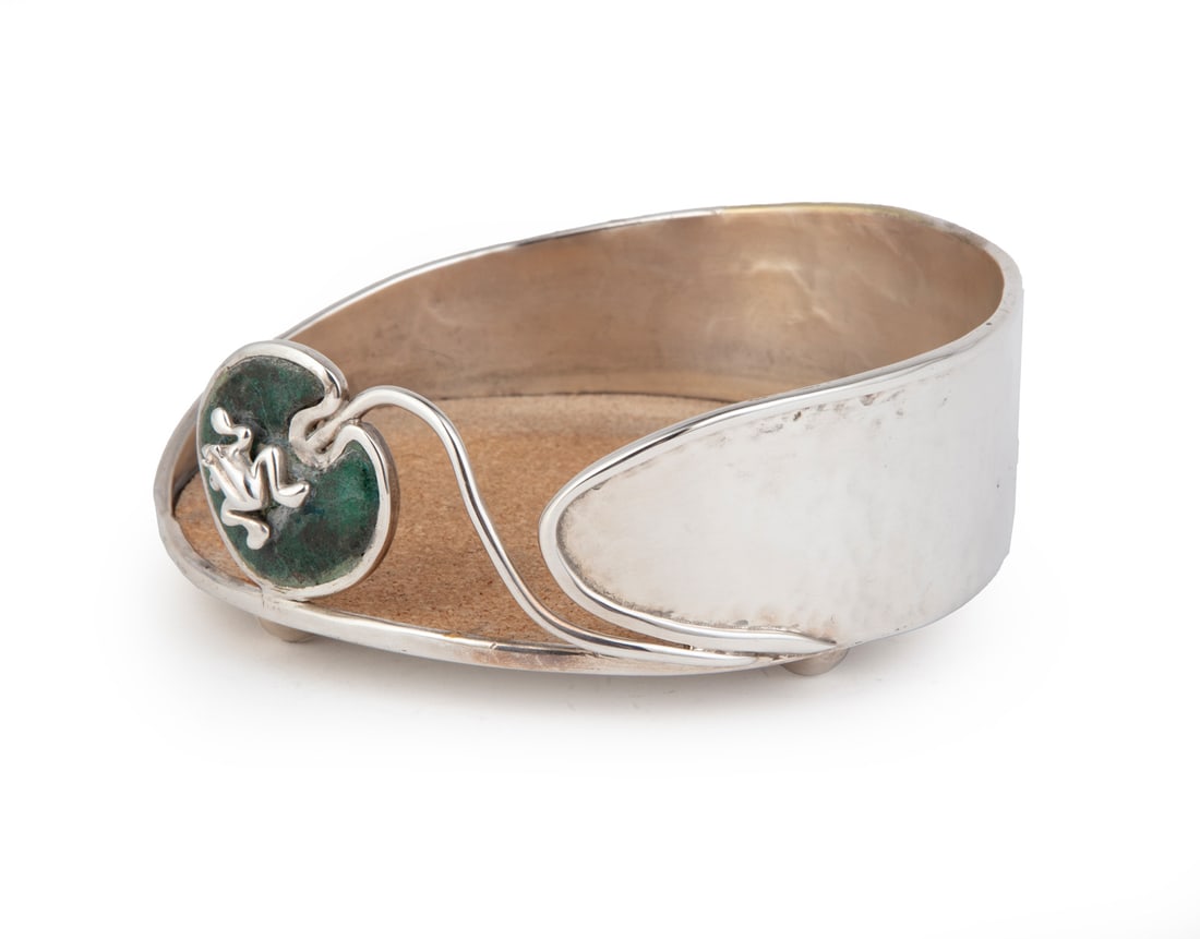 Emilia Castillo Hammered Silverplate Wine Coaster: Emilia Castillo "Frog and Lilypad" Hammered Silverplate Wine Coaster, TO-85, dia. 4 3/4 in. Provenance: The Estate of Caroline P. Ireland.