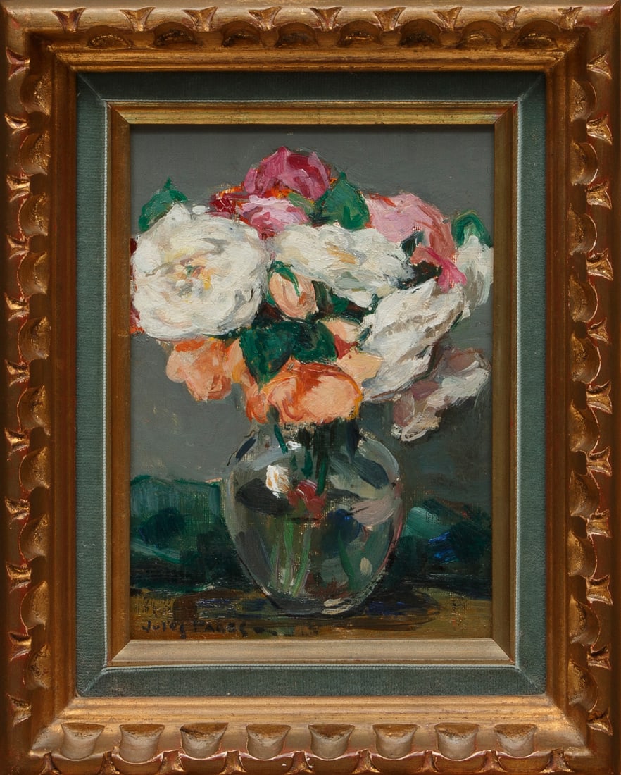 Jules Francois Pages (American/California): Jules Francois Pages (American/California, 1833-1910), "Still Life", oil on canvas board, signed lower left, "Morin & Janet, Paris" stamp en verso, 8 1/2 in. x 6 1/4 in., framed, overall 12 in. x 9 1/