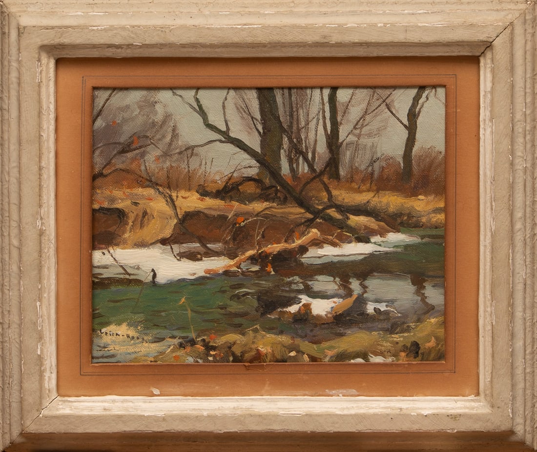 Harry Leith-Ross (Mauritian/American, 1886-1973): Harry Leith-Ross (Mauritian/American, 1886-1973), "Ice on Pidcock Creek", oil on canvas board, signed lower left, typed gallery label with artist and title on backing board, 7 1/2 in. x 9 7/8 in., fra